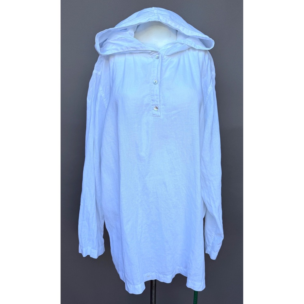 Kate Hill Lord Taylor 3X White 100% Linen Hooded Tunic Beach Coverup Top Blouse